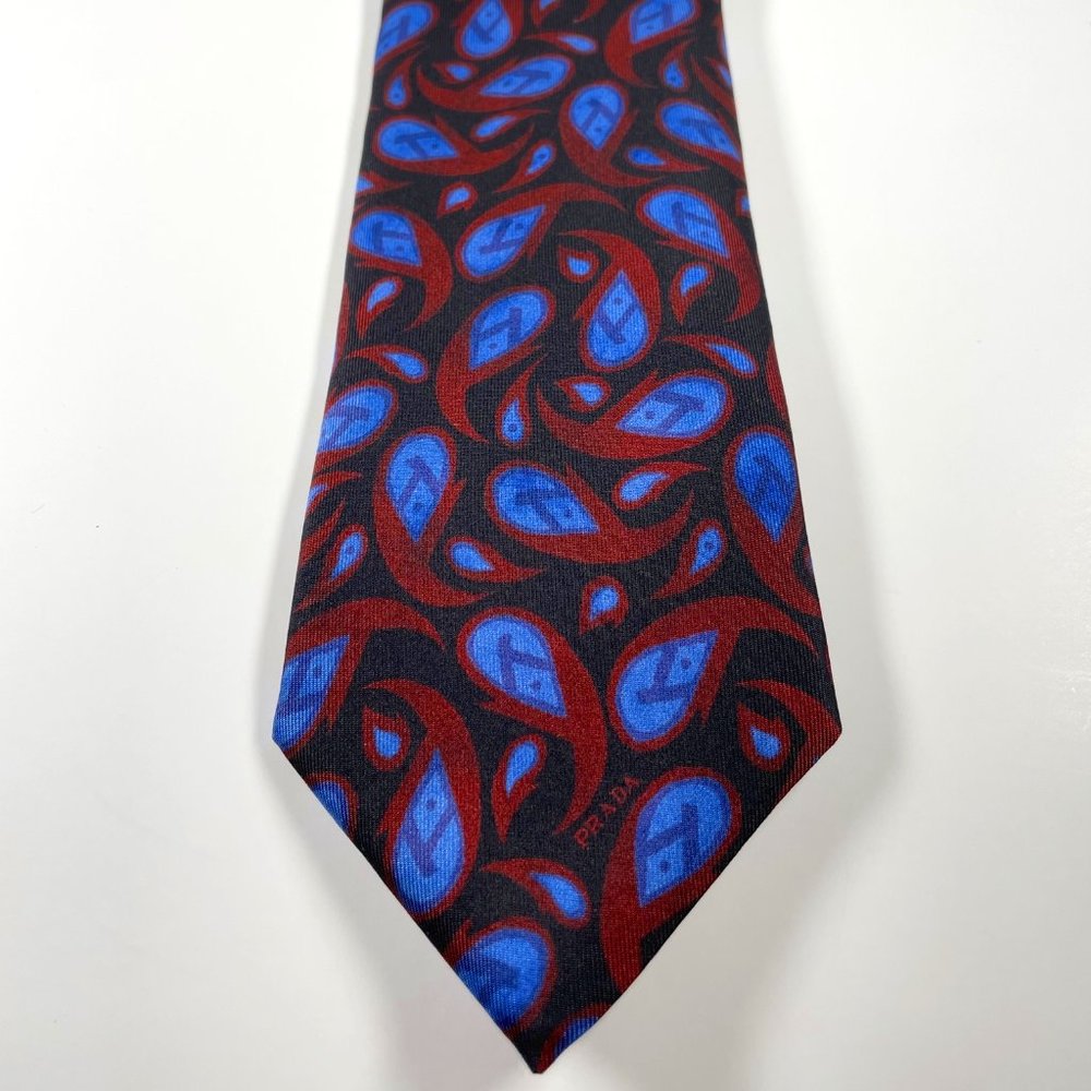 Silk Prada Narrow Tie in Black W/Burgundy & Light Blue Abstract Paisley Print